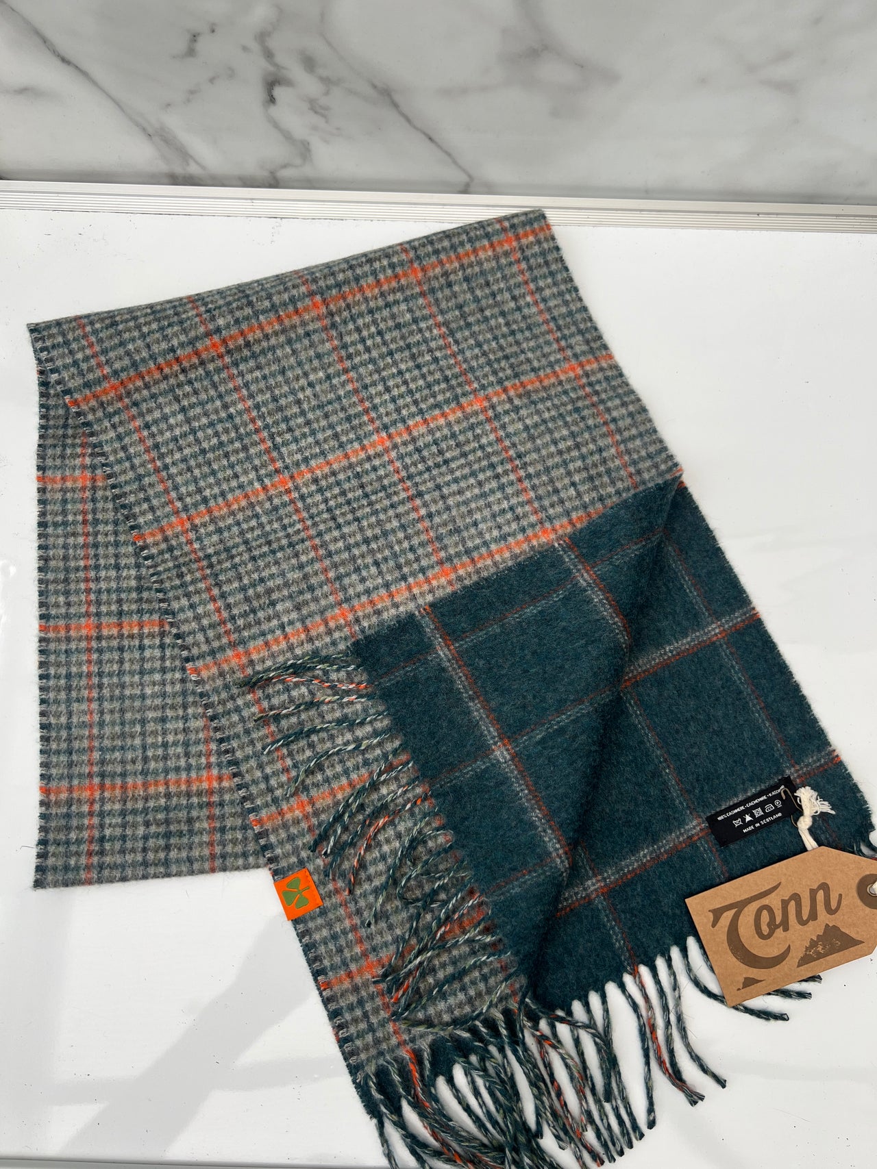 100% Cashmere plaid scarf - Natural, Green & Orange Check