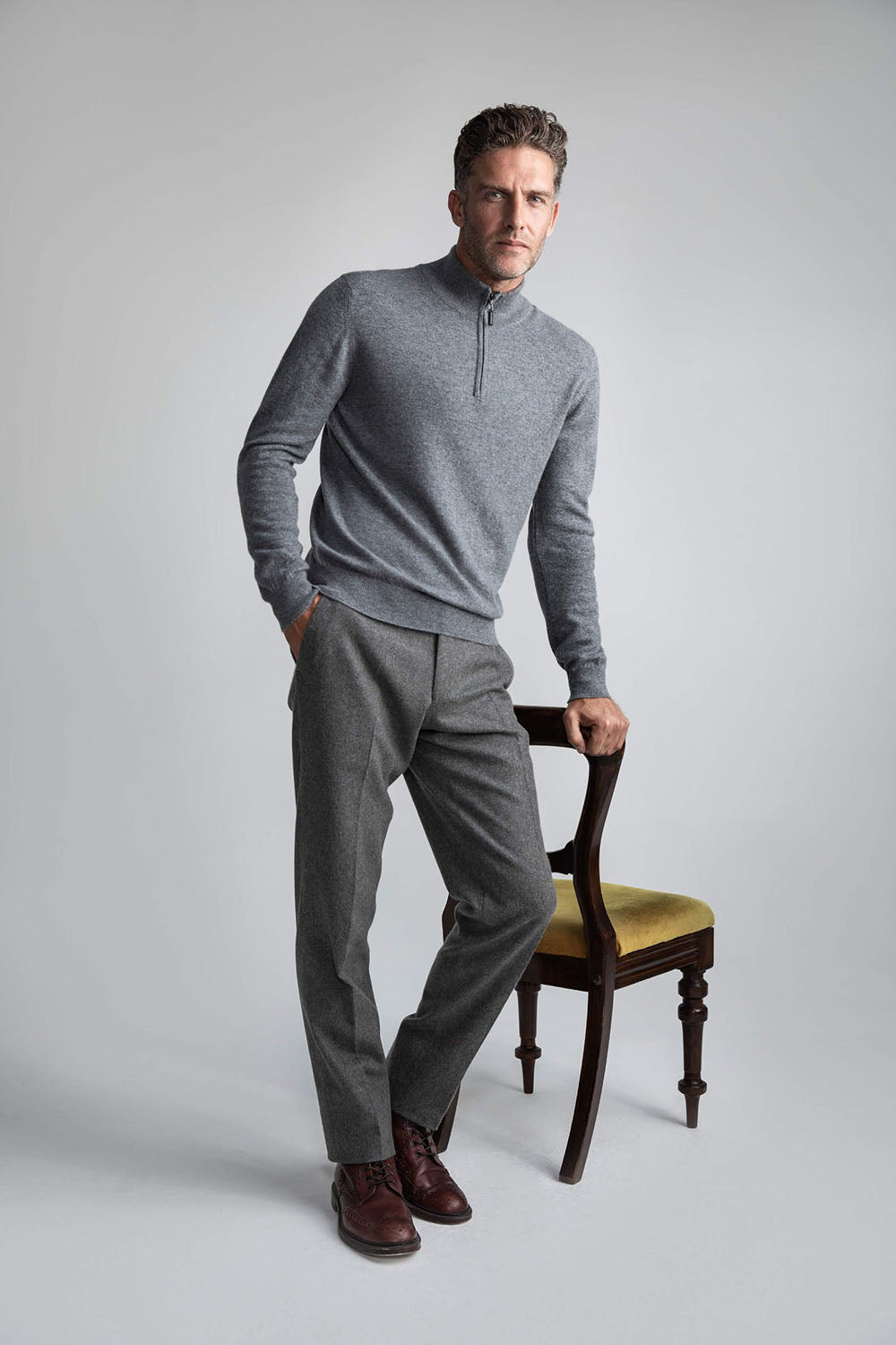 Johnstons of Elgin Half Zip 100% Merino Wool Sweater - Grey