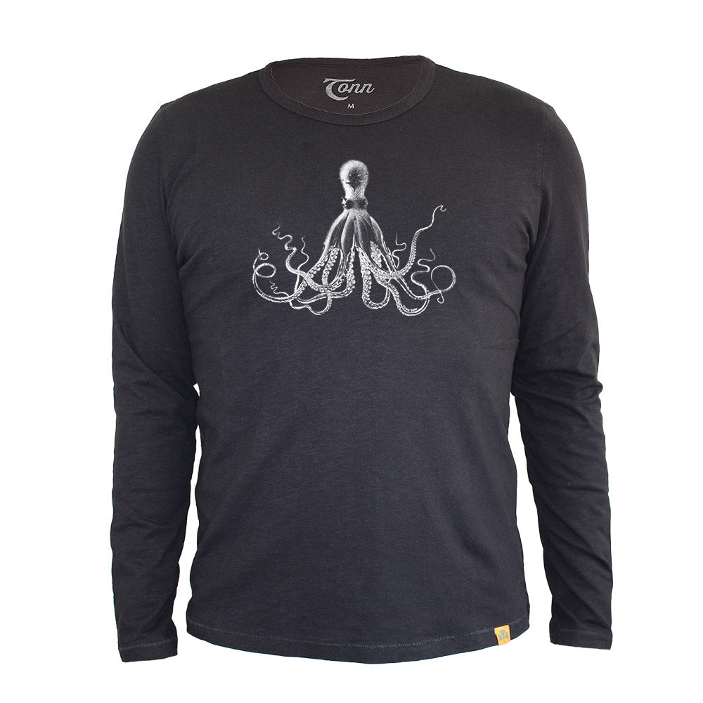 Long Sleeve Organic Cotton Tee Black Octopus