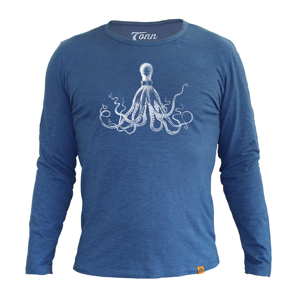 Long Sleeve Organic Cotton Tee Dark Blue Octopus