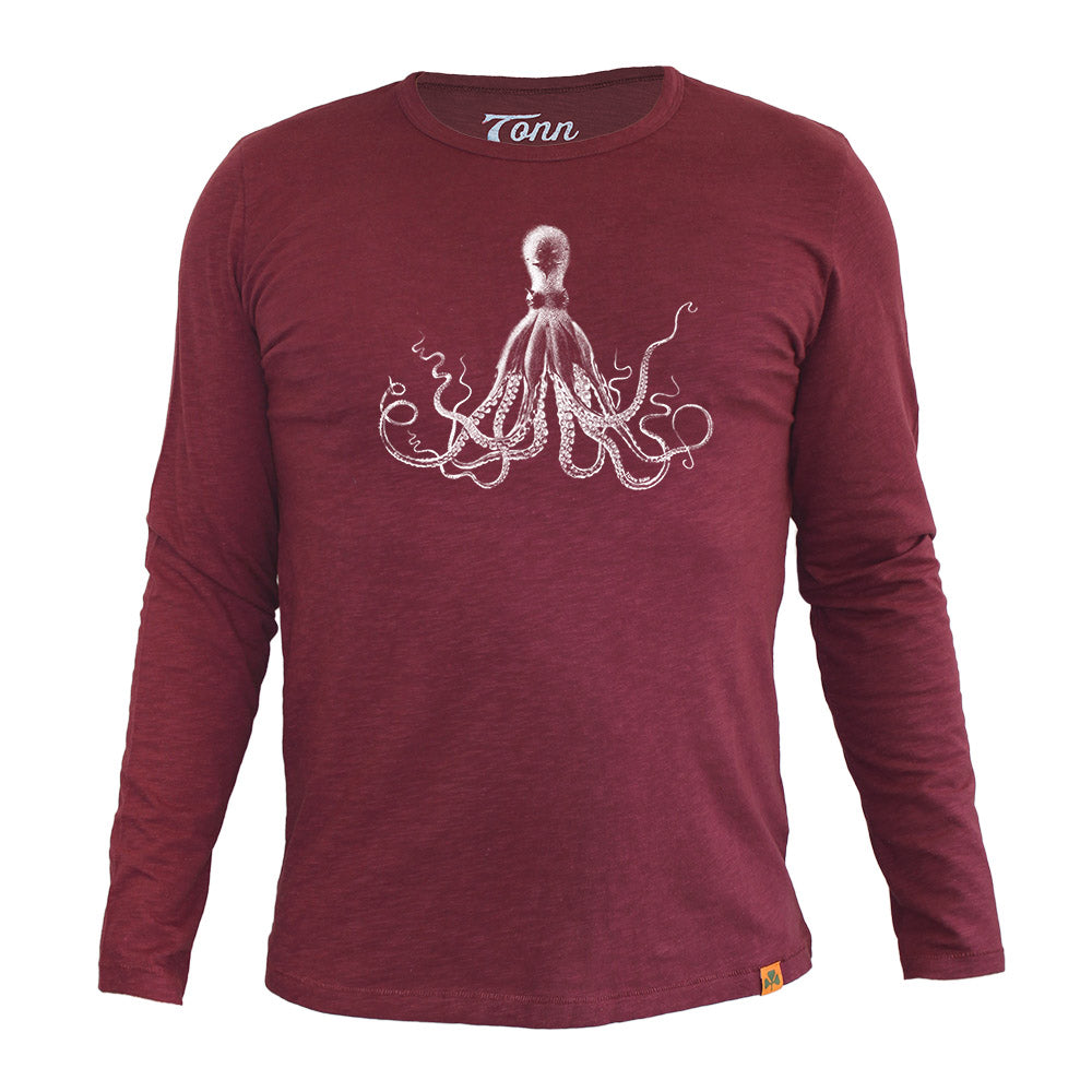 Long Sleeve Organic Cotton Tee Wine Octopus