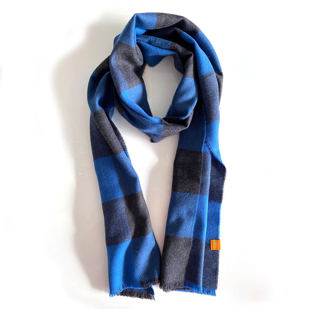 Extra Fine 100% Merino Wool Scarf - Navy and Blue Check.