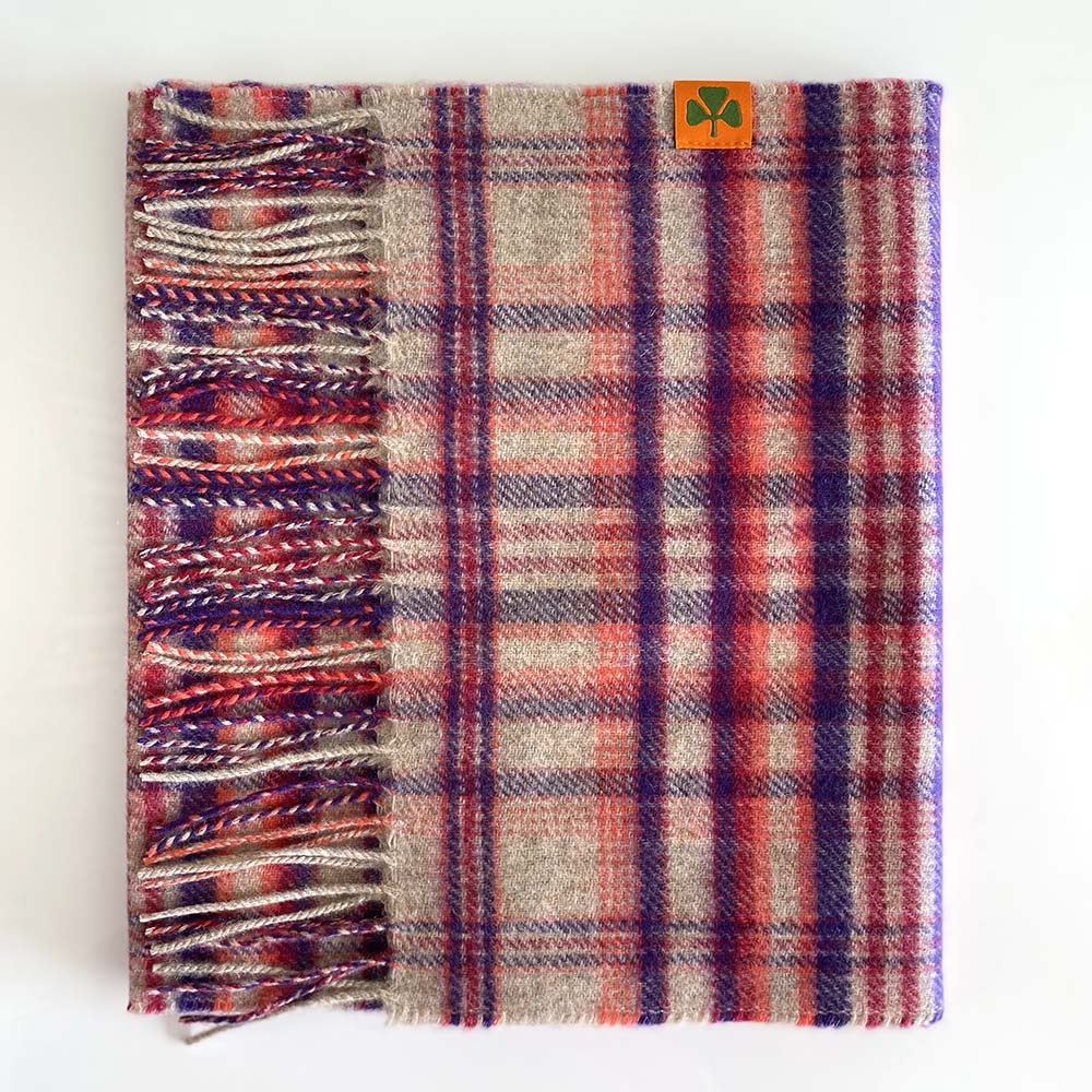 100% Cashmere plaid scarf - Natural, Purple & Orange Check