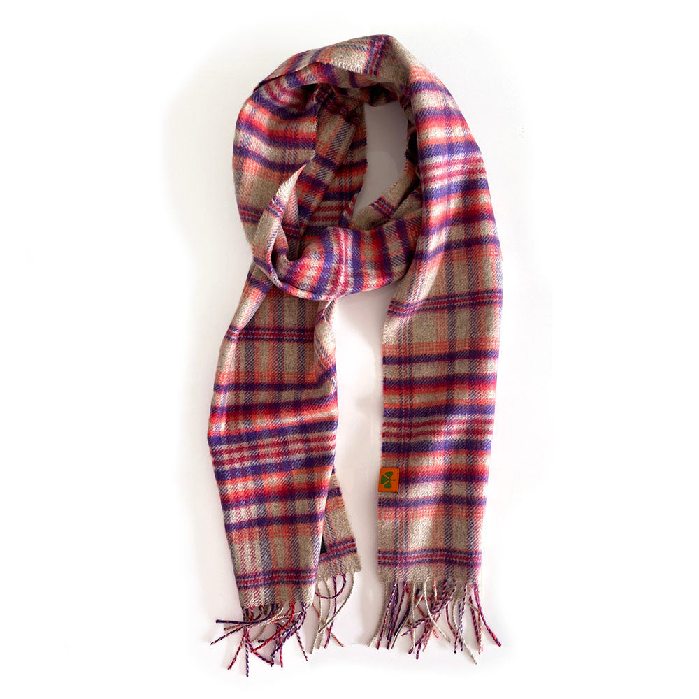 100% Cashmere plaid scarf - Natural, Purple & Orange Check